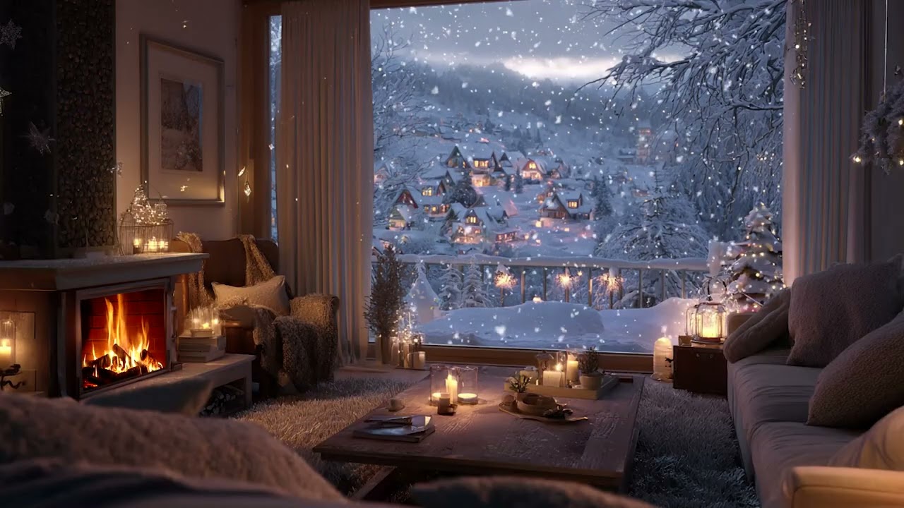Cozy Winter Cabin Night Piano | Snowstorm Outside, Fireplace Inside