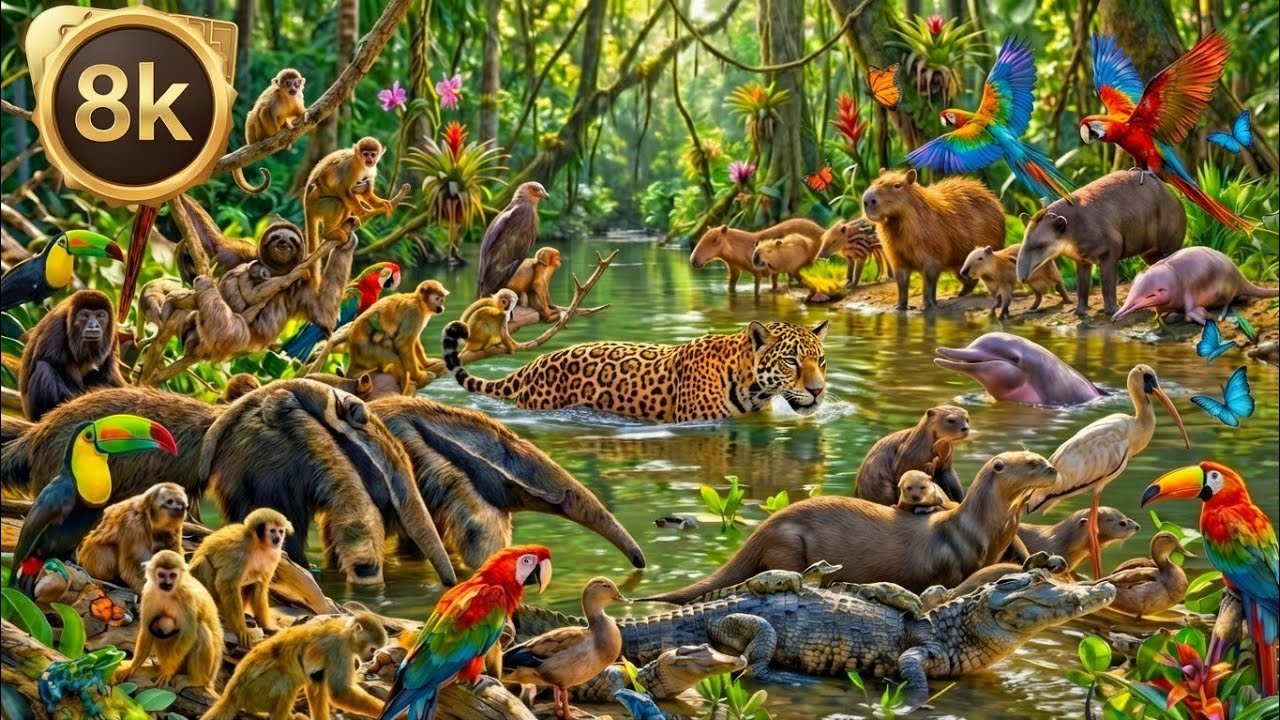 Amazon Rainforest Wildlife in 4K 🌿 Relaxing Jungle Walk with Jaguars & Capybaras Monkeys And Giant 🐍
