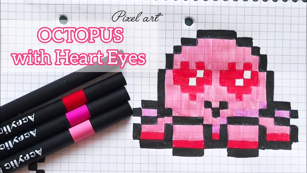 Cute Pixel Octopus with Heart Eyes ❤️ Pixel Art Drawing. Милий піксельний восьминіг із сердечками ❤️