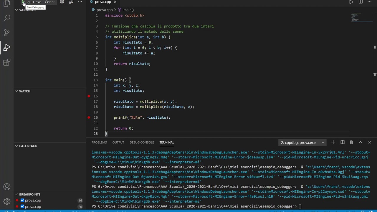 Utilizzo del debugger