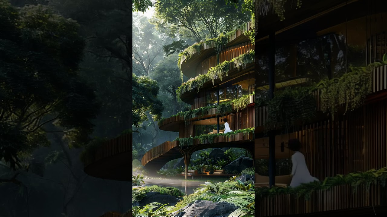 a hidden jungle villa with curved bamboo architecture and hanging gardens