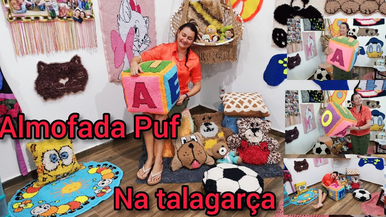 Almofada Puf na Talagarça , bem facinho de fazer, tudo muito colorido