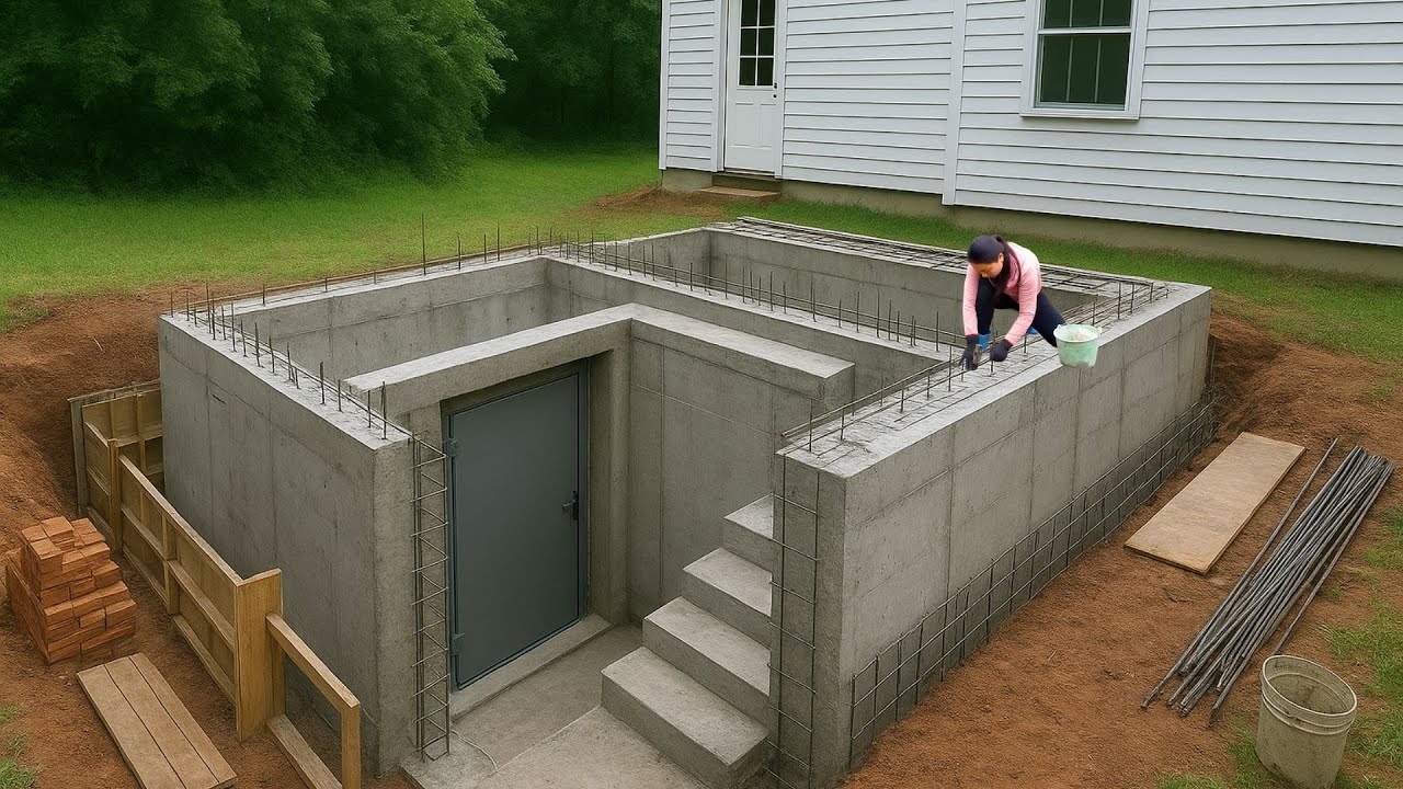 Build A Survival Tunnel On A Deserted Island - Pouring Reinforced Concrete Walls And Floors