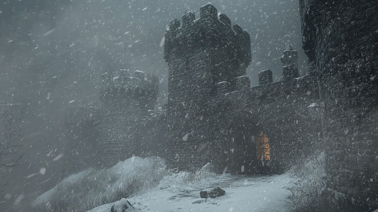 The Relentless Howl Of Blizzard Winds Surrounds A Dark Castle Lost In Winter&rsquo;s Grasp