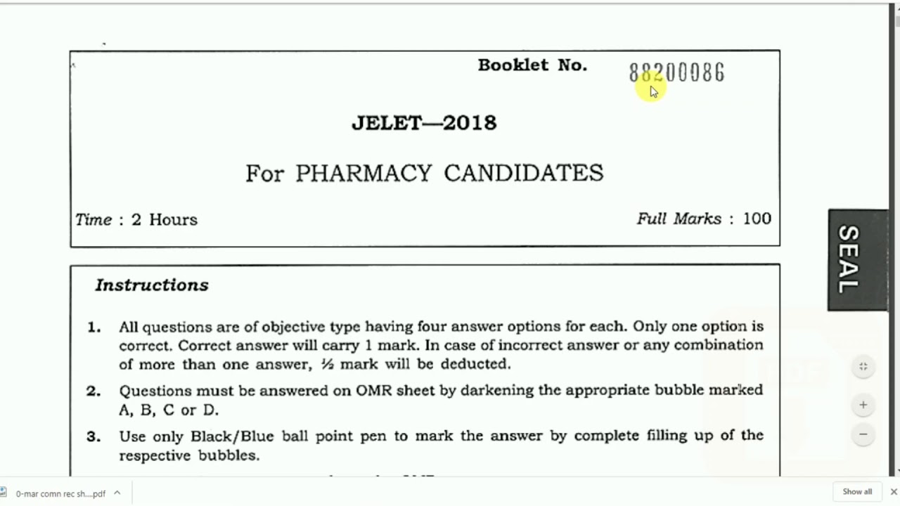 Jelet 2020🔛Pharmacy Question paper 2018