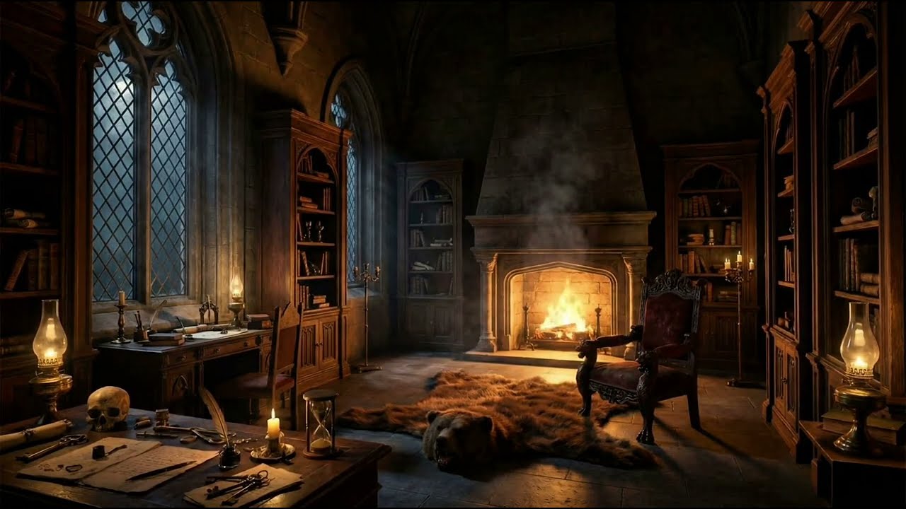 Gothic Rainy Library Ambience – Crackling Fireplace, Dark Academia, Cozy Stormy Night (4K)