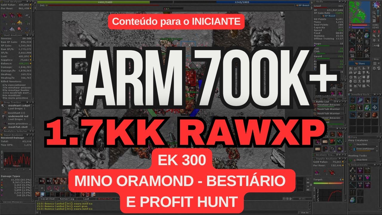 Tibia - Ek LV 300 hunt solo no Mino Camp de Oramond (Profit e Bestiário)
