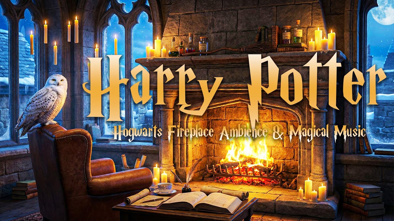 Harry Potter Fireplace Ambience 🔥 Quiet Winter Night in a Hogwarts Study | Magical Music