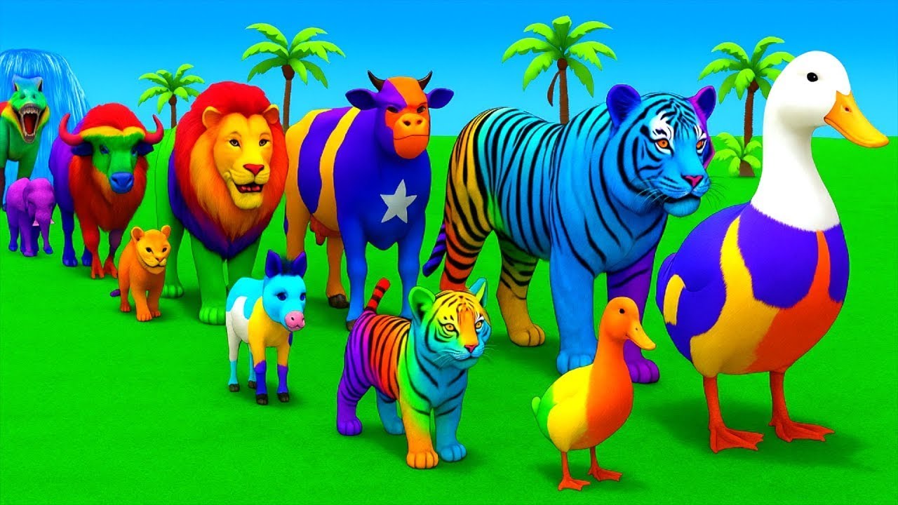 Long Slide Game With Elephant Gorilla Buffalo Hippopotamus Tiger - 3d Animal Game - Funny 3d Animals