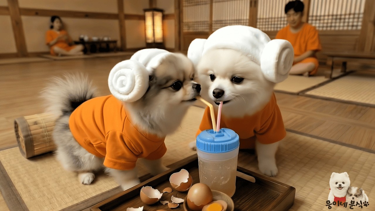 야무지게 양머리 쓰고 식혜 노나먹는 댕댕이들 (세상 귀여운 찜질방 손님🐶♨️)