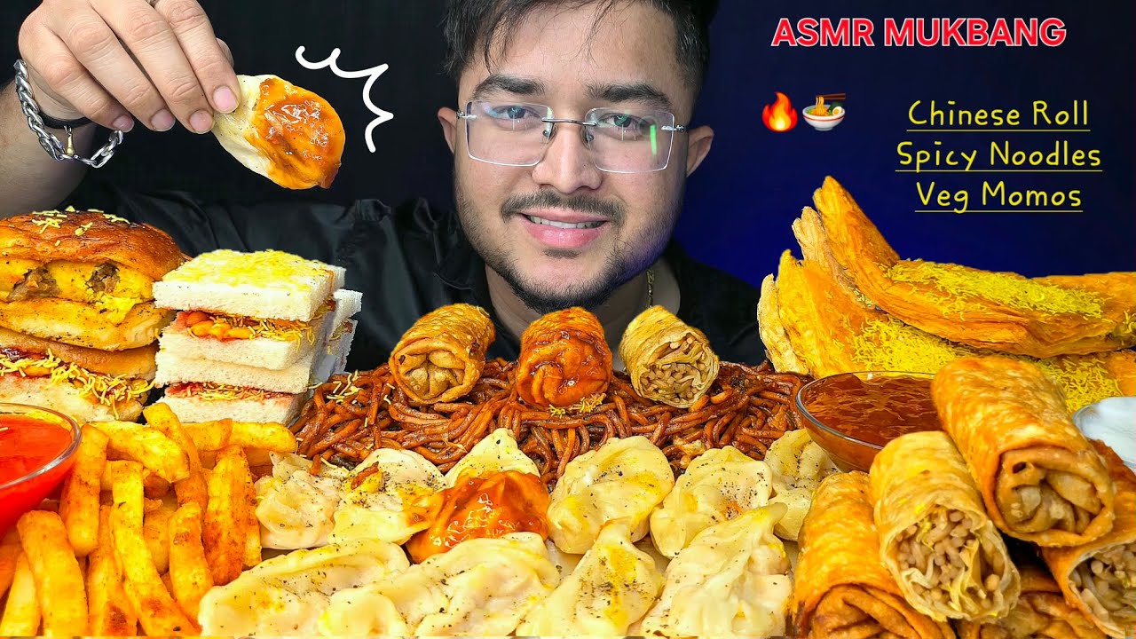 ASMR MUKBANG | SPICY NOODLES🍜, MOMOS, CHINESE ROLL, VADAPAV, DABELI, PUFF, FRENCH FRIES🍟, SLICE