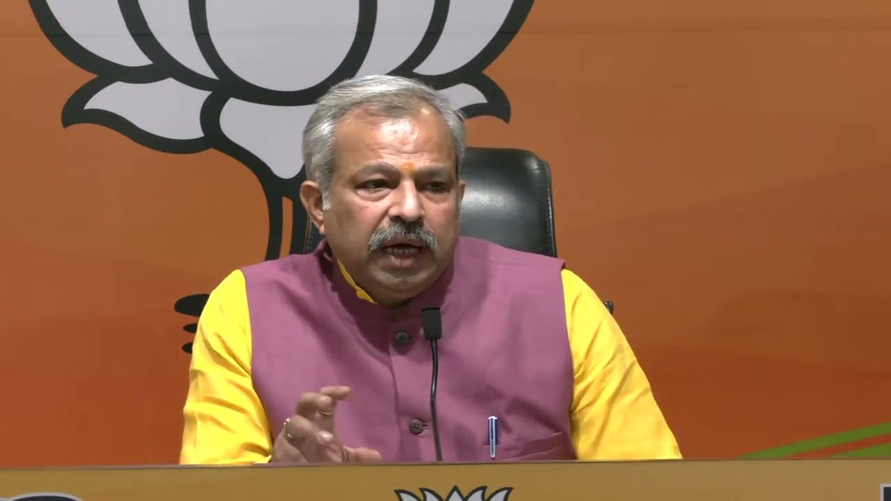 Delhi BJP State President Shri Adesh Kumar Gupta addresses a press conference at BJP HQ in New Delhi