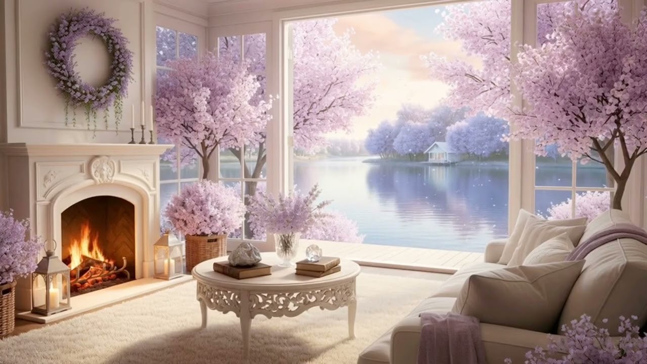 Relaxing Spring Cabin by the Lake 🌷✨ Soft Piano & Fireplace Ambience for Deep Sleep
