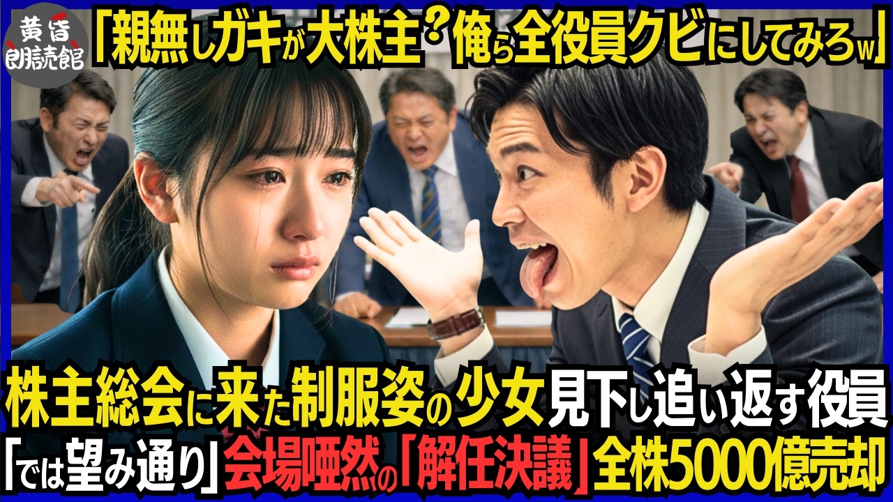「親無しガキが株主？役員全員クビにしてみろ」株主総会に来た制服姿の少女を見下す役員―「望み通りに」後日、支配株主の令嬢と知り会場唖然の解任決議！5000億の全株売却！役員は路頭に迷う#いい話 #逆転劇