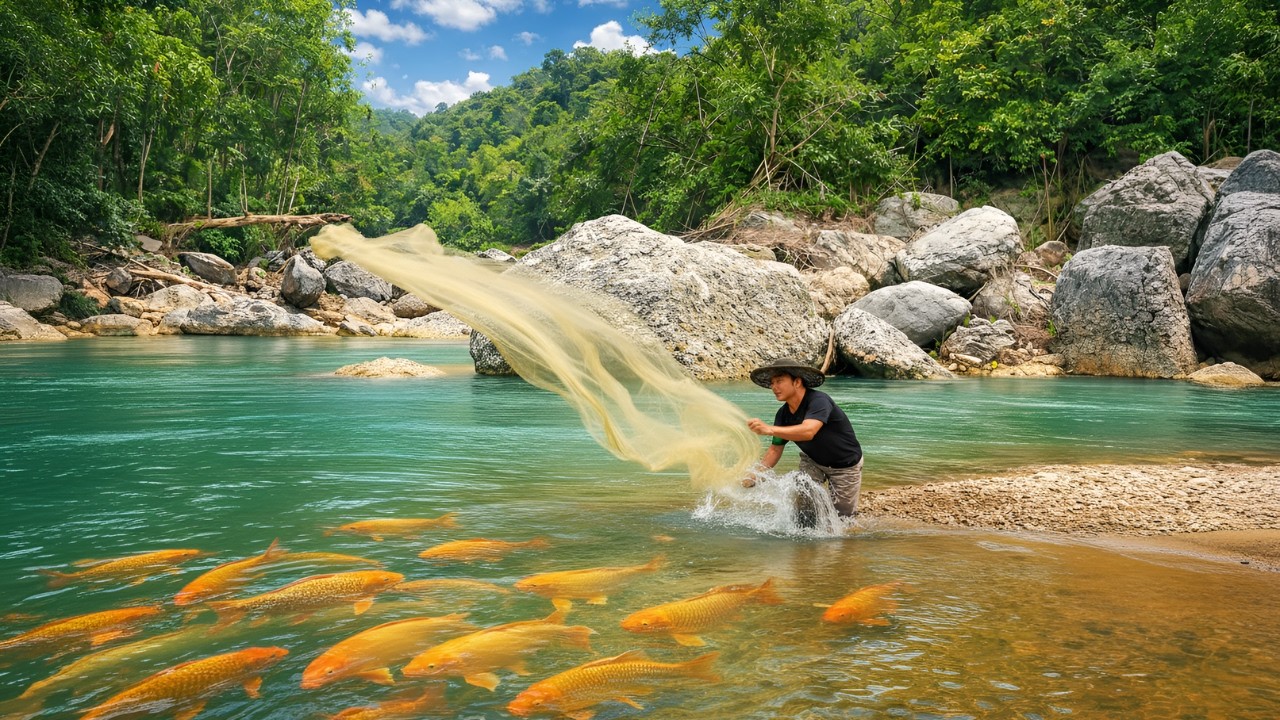 Survival adventure in the jungle: Gathering wild food, night hunting, fishing, outdoor cooking