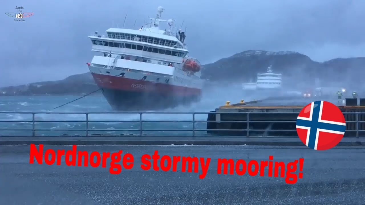 Hurtigruten Mv Nordnorge docking during stormy weather in Bodo, Norway.
