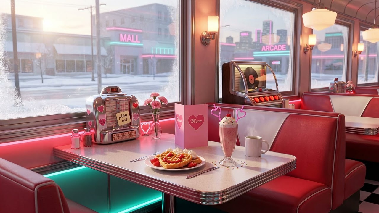Retro 80s Diner Morning Ambience   Valentine's Breakfast Nook & Snow