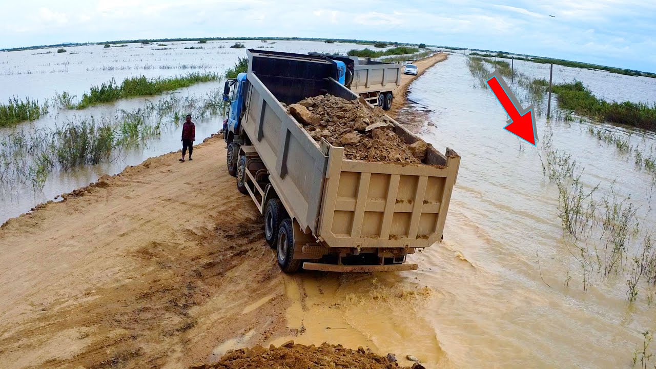 Start Project!! Machinery Processing Road-crossing massive River Dumptruck Soil & Dozer In Actions!