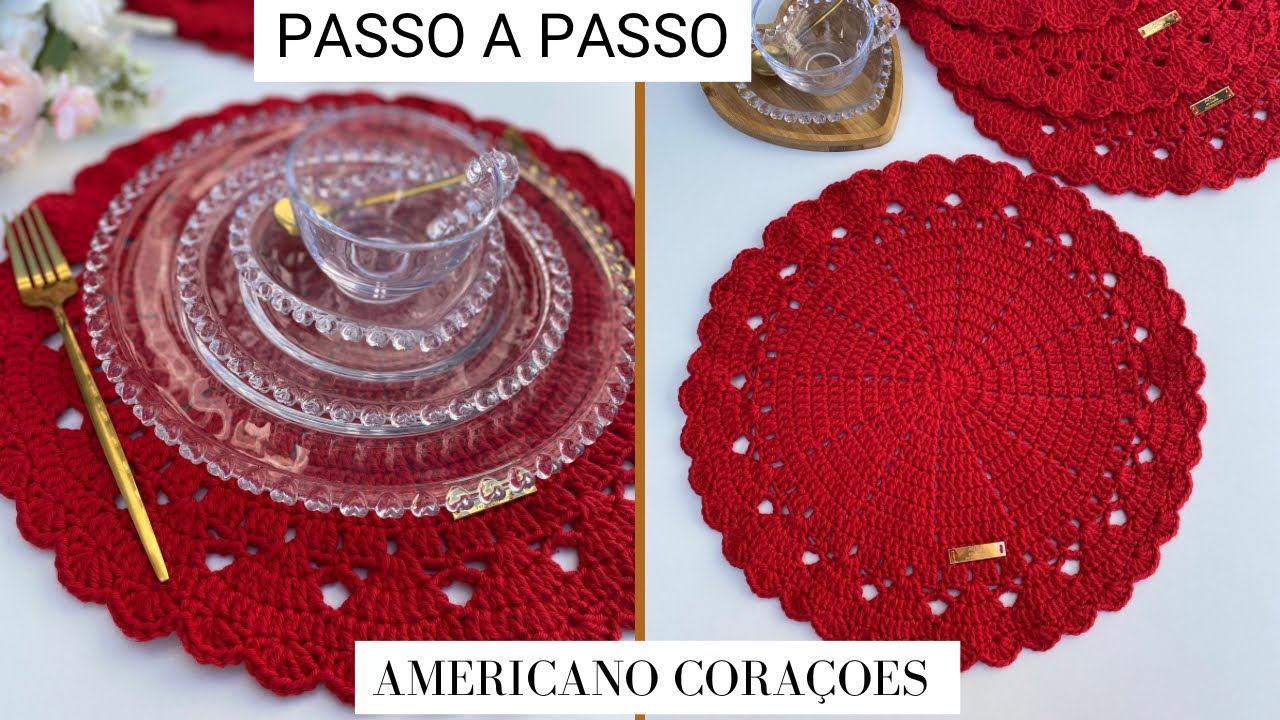 Sousplat de crochê corações/passo a passo/lugar americano corações/Fácil e lindo!