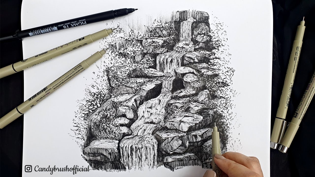 Pen & Ink Drawing #20 | Drawing A Waterfall Landscape
