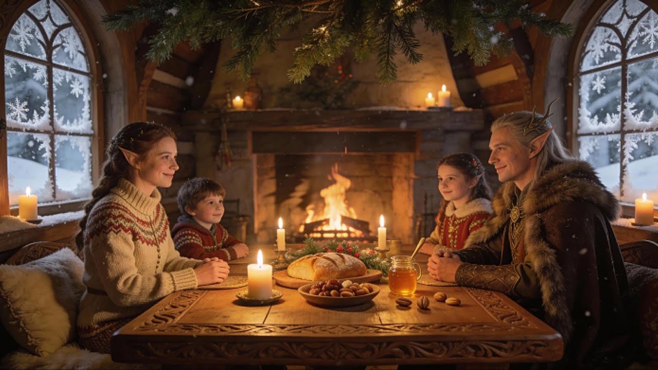 Snowy Christmas Eve in an Elvish Medieval Village | Fireplace Warmth & Traditional Winter Magic