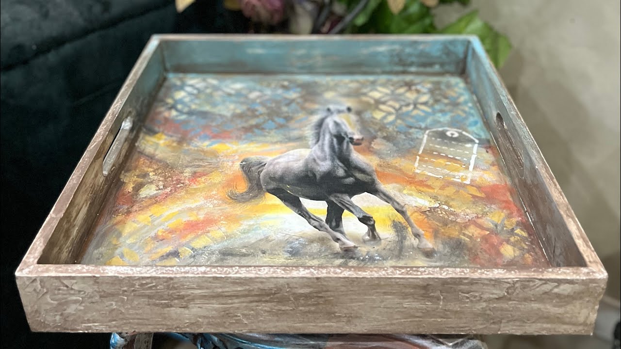 Decoupage of a combined tray                 ازاي تدمج الصوره مع الألوان لتكون لوحه جميله
