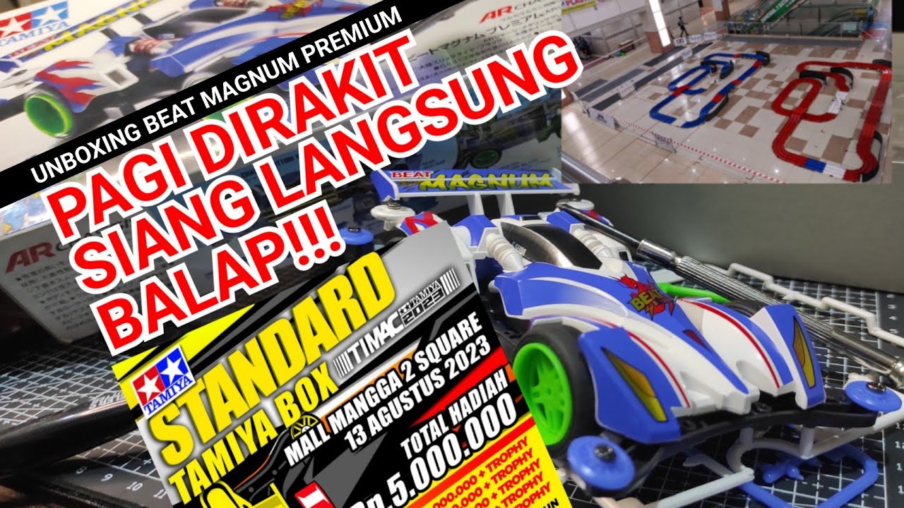Unboxing Tamiya Beat Magnum Premium Mini 4WD, AR Chassis. Rakit Test Langsung coba Race