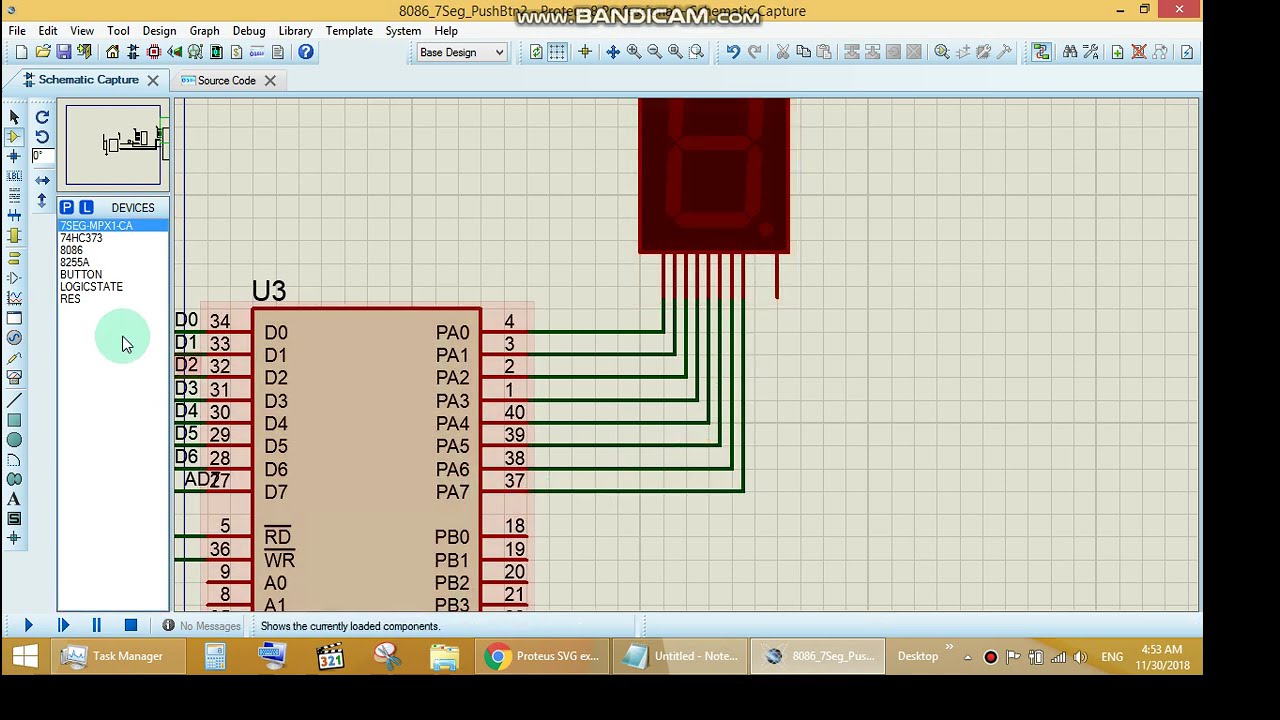 8086 &micro;P + 74HC373 Latch + 8255A (Proteus Simulation: 7 Segment & Push Buttons)
