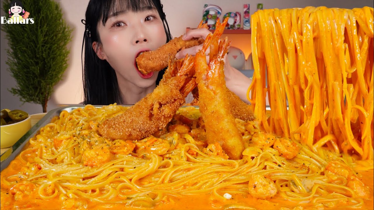 Mukbang:) Buldak Cream Pasta & Deep-fried Shrimp🍤☆ Big Bites :: ASMR :: Eatingshow ☆