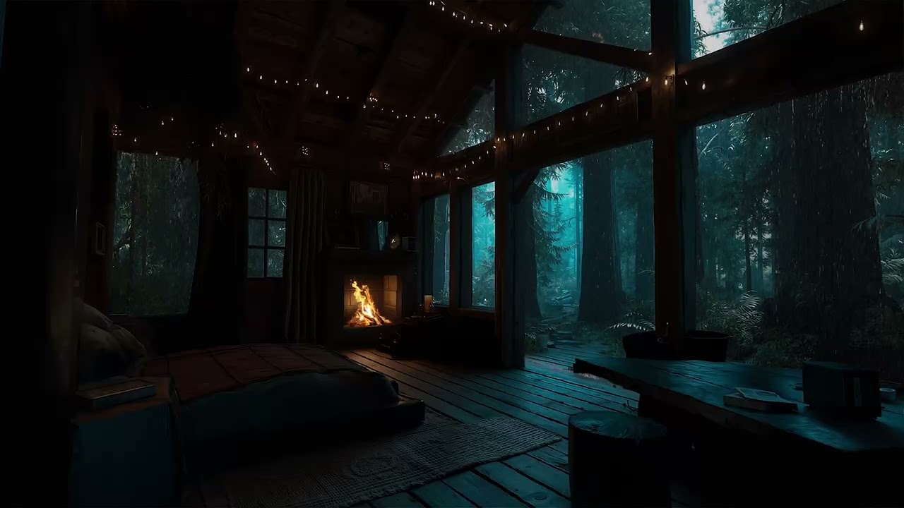 Cozy Cabin Ambience | Rain and Thunder Sounds in Forest Tropical for Stress Relief