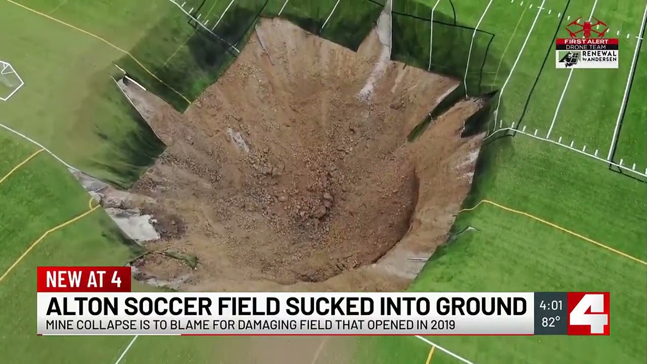 Sinkhole swallows stadium light at Alton soccer field after mine collapse