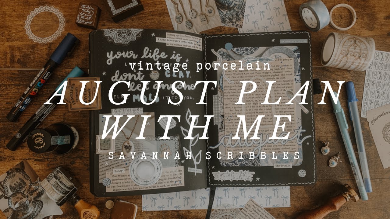 August Plan with Me I Vintage Porcelain Theme I Black Page Bujo 🖤☁