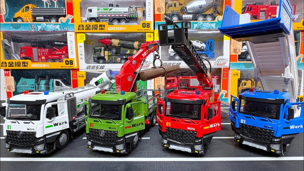 Diecast Trucks Of Dust Suppression Truck, Logging Truck, Fire Truck, Passenger Stair Truck