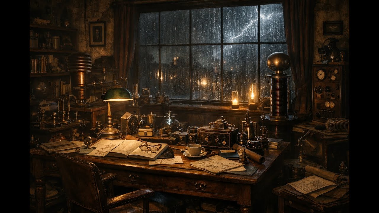 Nikola Tesla Laboratory⚡Rainy Night Study & Deep Focus Background