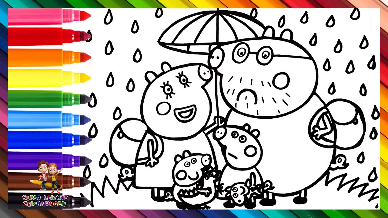 Zeichnen und Kolorieren von Peppa Pig und ihrer Familie im Regen 🐷☔🎒🌈 Kinderzeichnungen