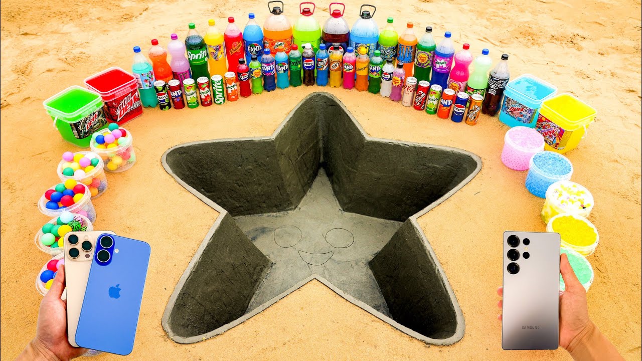 EXPERIMENT: How to make BIG STAR with Cement, iPhone 16 vs Samsung vs Pepsi, 7up and Mentos Cola
