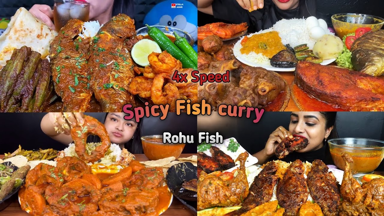 ASMR: Eating Spicy whole Fish curry🍤🤤Rohu fish curry, prown curry, mutton curry, eating, mukbang
