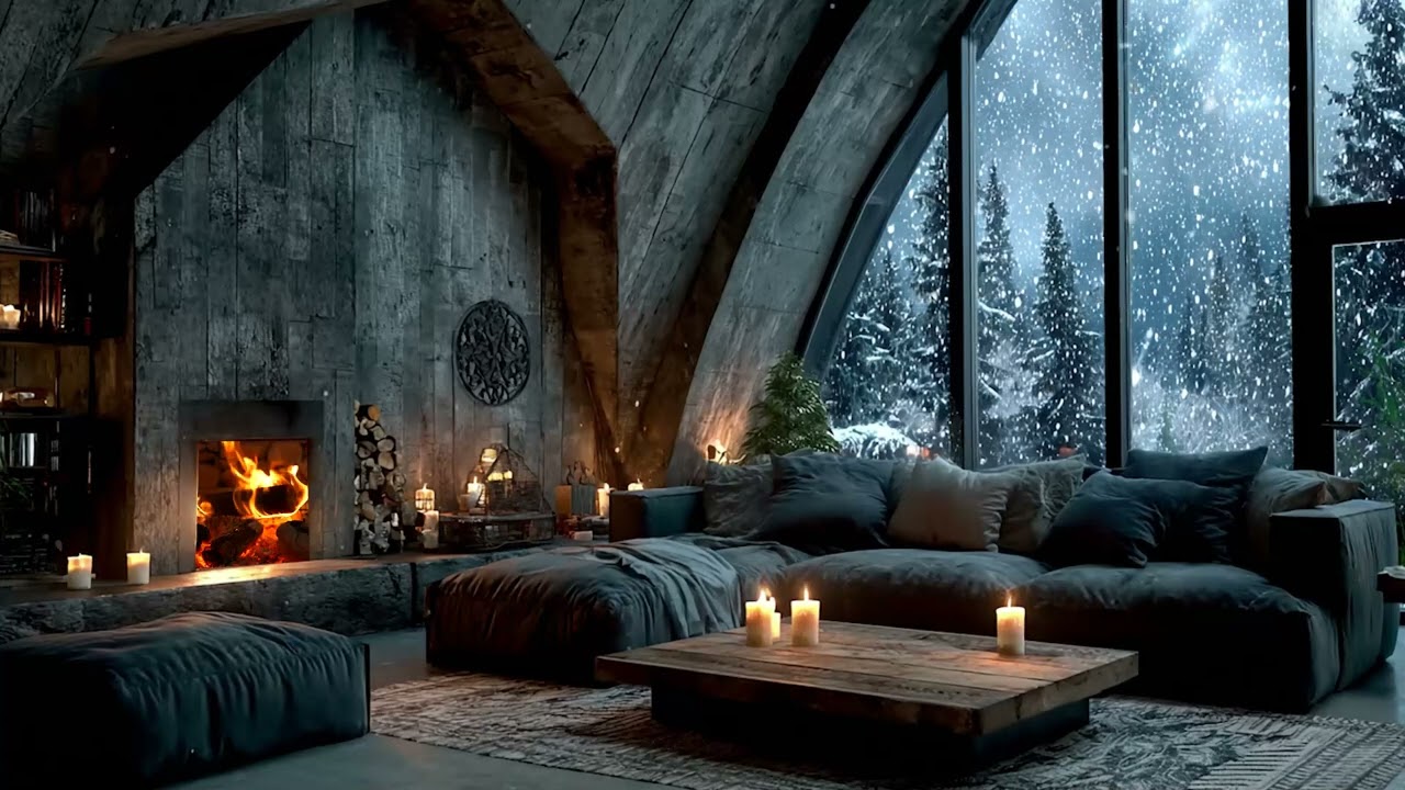 Peaceful Winter Piano Lounge ❄️ Soft Fireplace Sounds & Snowfall Ambience for Sleep & Focus