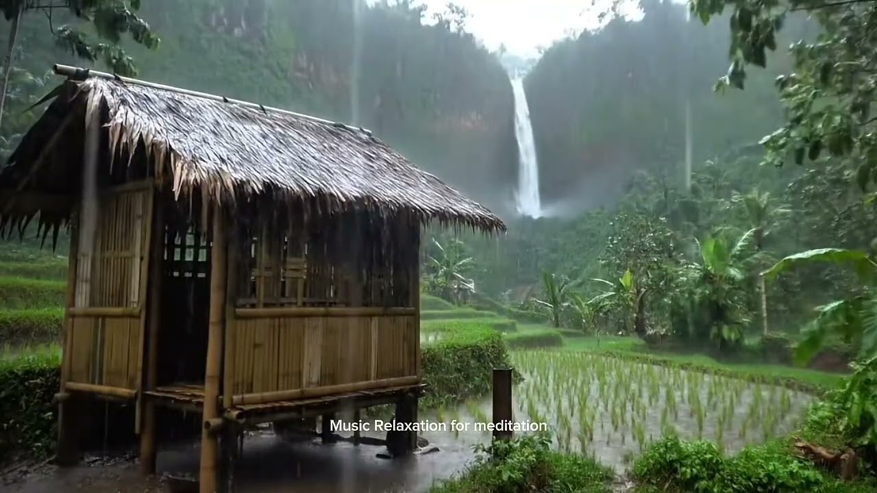 Rainy Day in a Bamboo Hut,Relaxing Sounds of Nature in a Hidden Waterfall Village,Watch & Escape Now