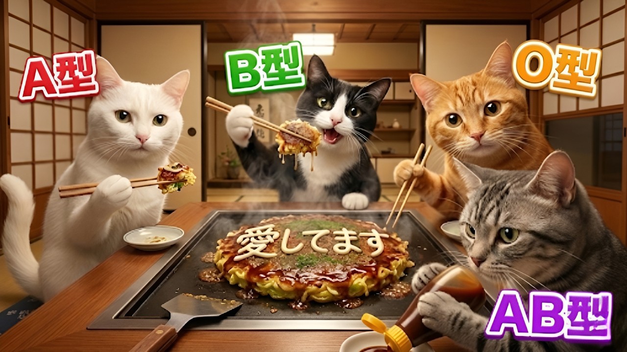 【血液型別】お好み焼きパーティーで性格出すぎたｗｗ ひっくり返し失敗！？🍳🐱