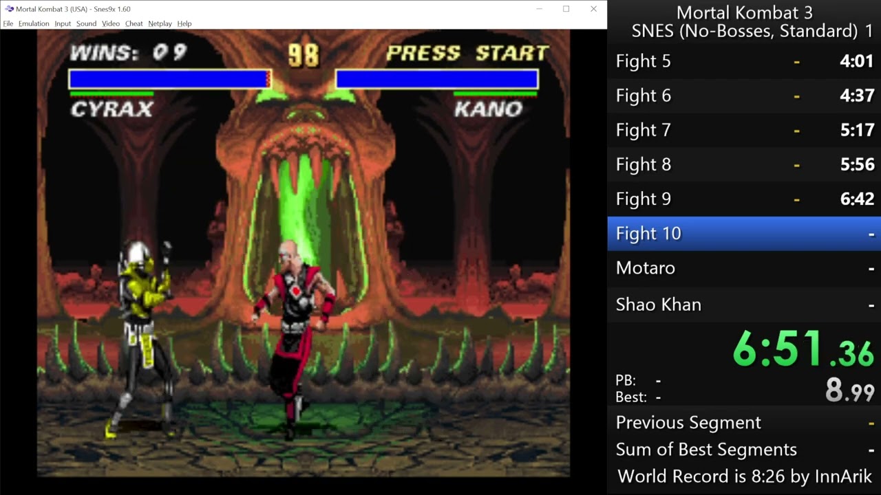 Mortal Kombat 3 SNES Standard Cyrax Standard Speedrun 11:23 (First Attempt)