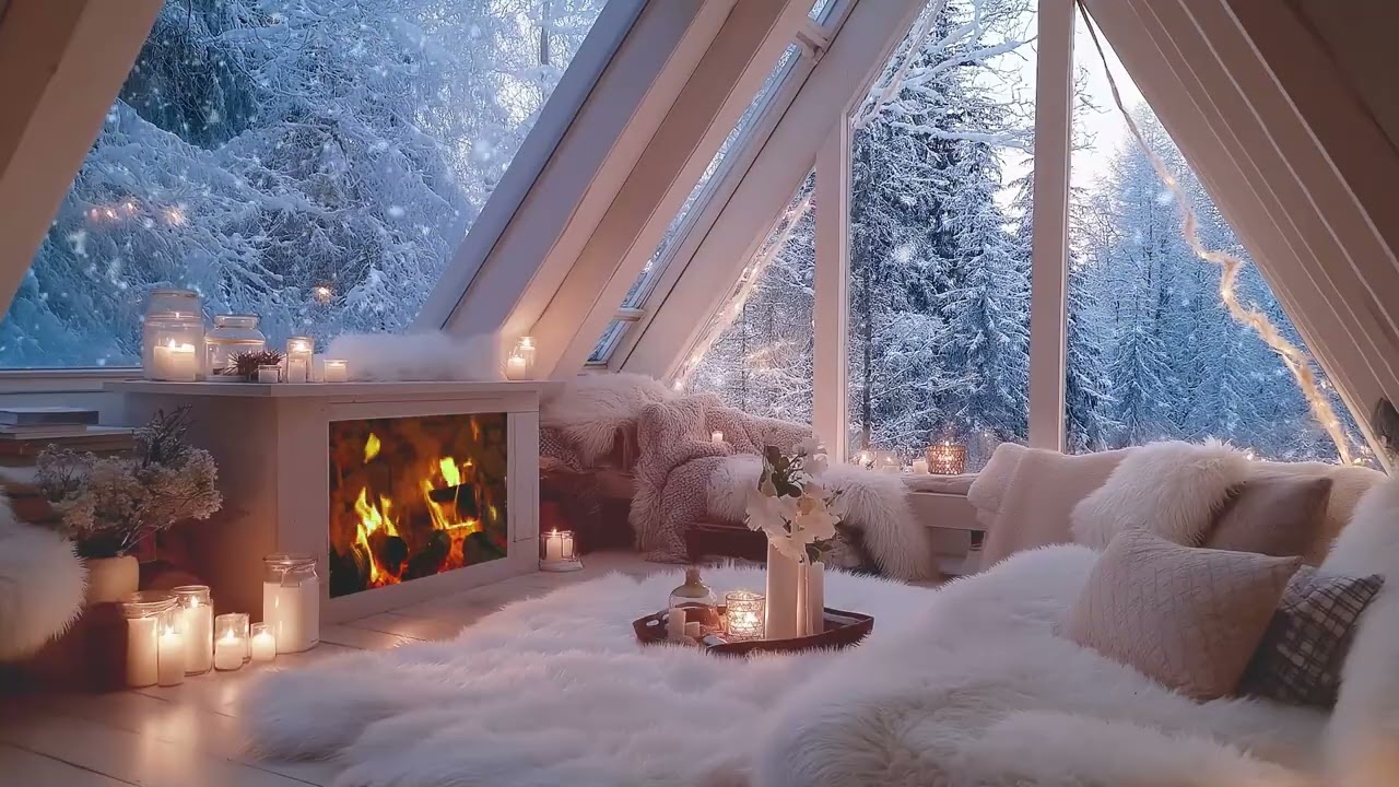 🤍❄️ Cozy Winter Piano Lounge | White Room Fireplace Glow & Falling Snow for Deep Sleep Focus