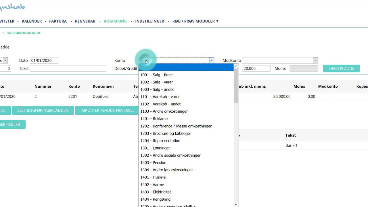 Åbningsbalance i Web-Regnskab første år