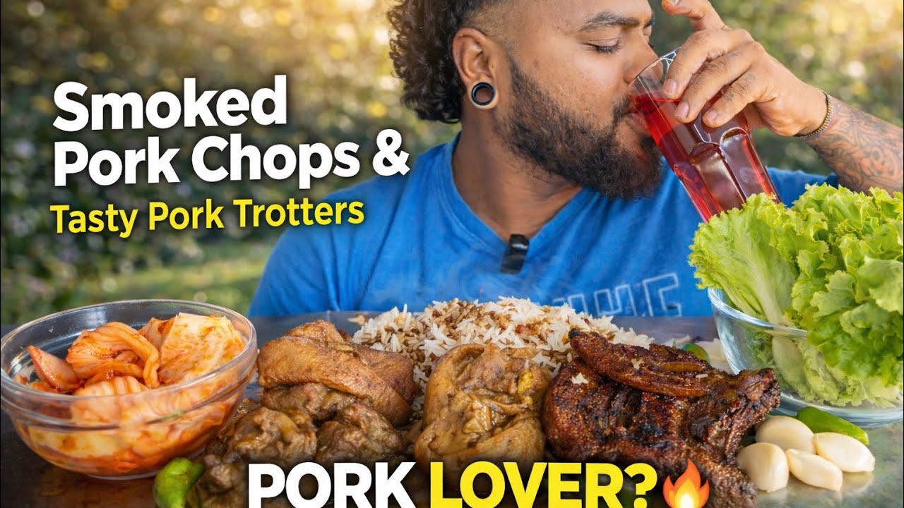 Smoked Pork Chops & Pork Trotters Mukbang 🥩🔥 Kimchi, Rice & Leafy Salad