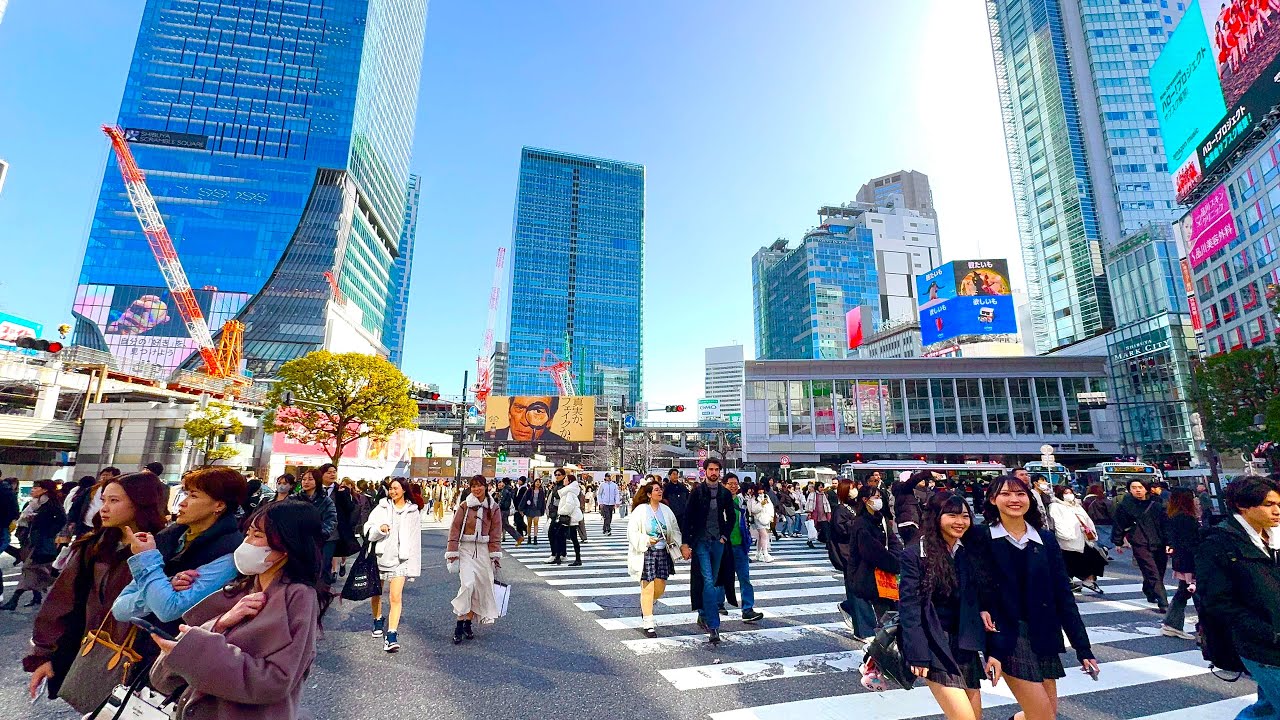 Shibuya walking tour in the Sunny day. Amazing view. Tokyo, Japan. 