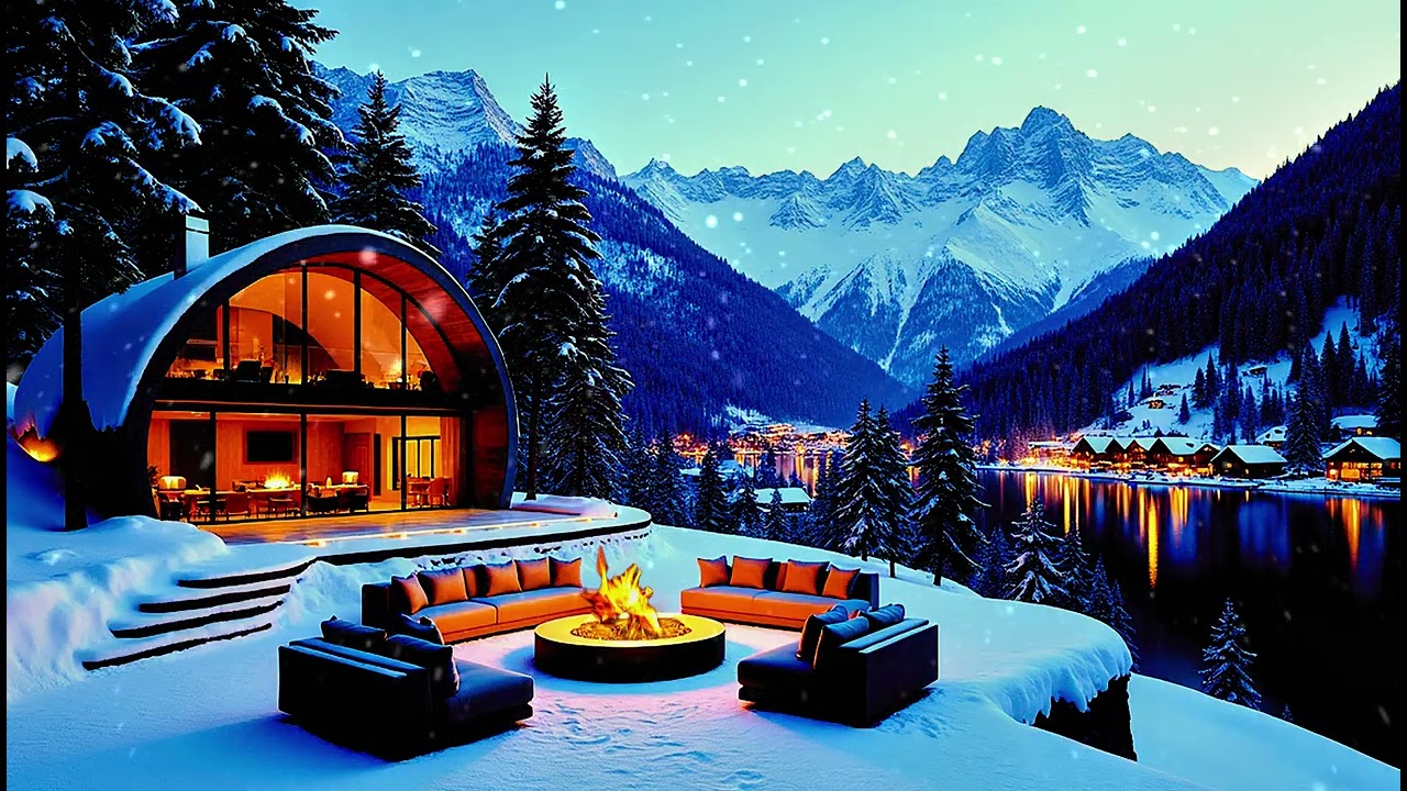 Relaxing Holiday Jazz by the Fireplace ☕ Cozy Luxury Snowy Café Terrace for a Calm Christmas Night 🎄