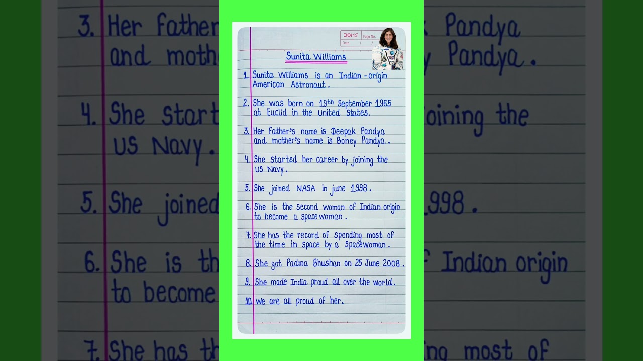 10 Lines Essay On Sunita Willams/Essay On Sunita Williams/Sunita Williams Essay/Sunita Williams l