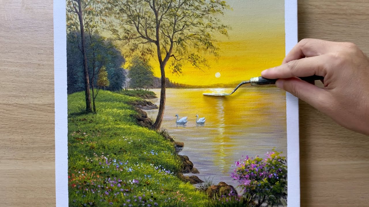 Daily Art #004 / Acrylic / Summer Sunset over the Lake Acrylic  Painting