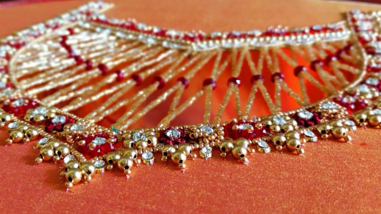 Trendy boat neck with unique beaded hanging blouse design @colorbuckethandiwork5752