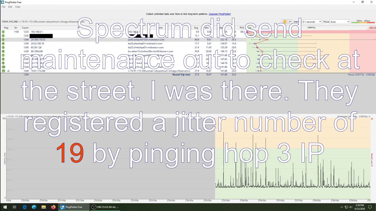 Ping plotter testing jitter Spectrum ISP with information and how to read results and service call